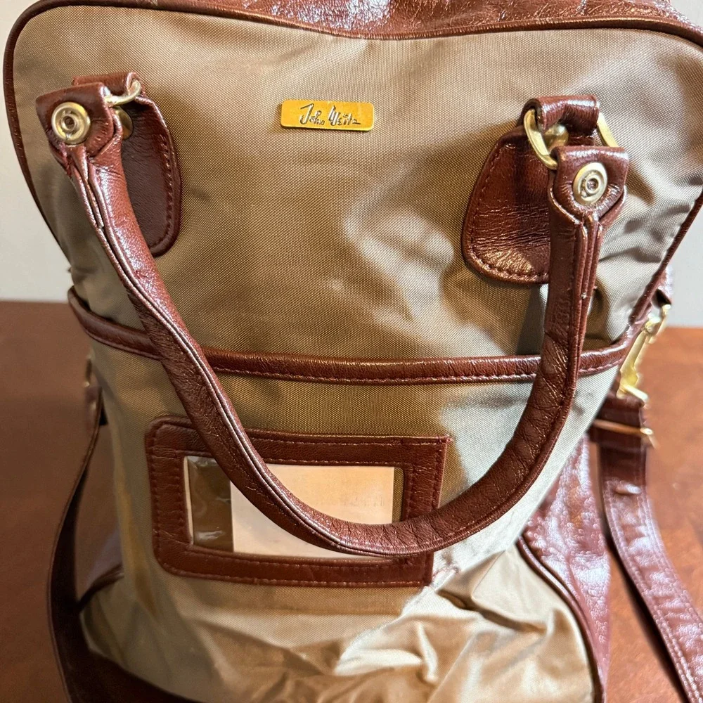 Vintage John Weitz Carry On Luggage Bag Brown Tan Canvas Duffel Shoulder Strap